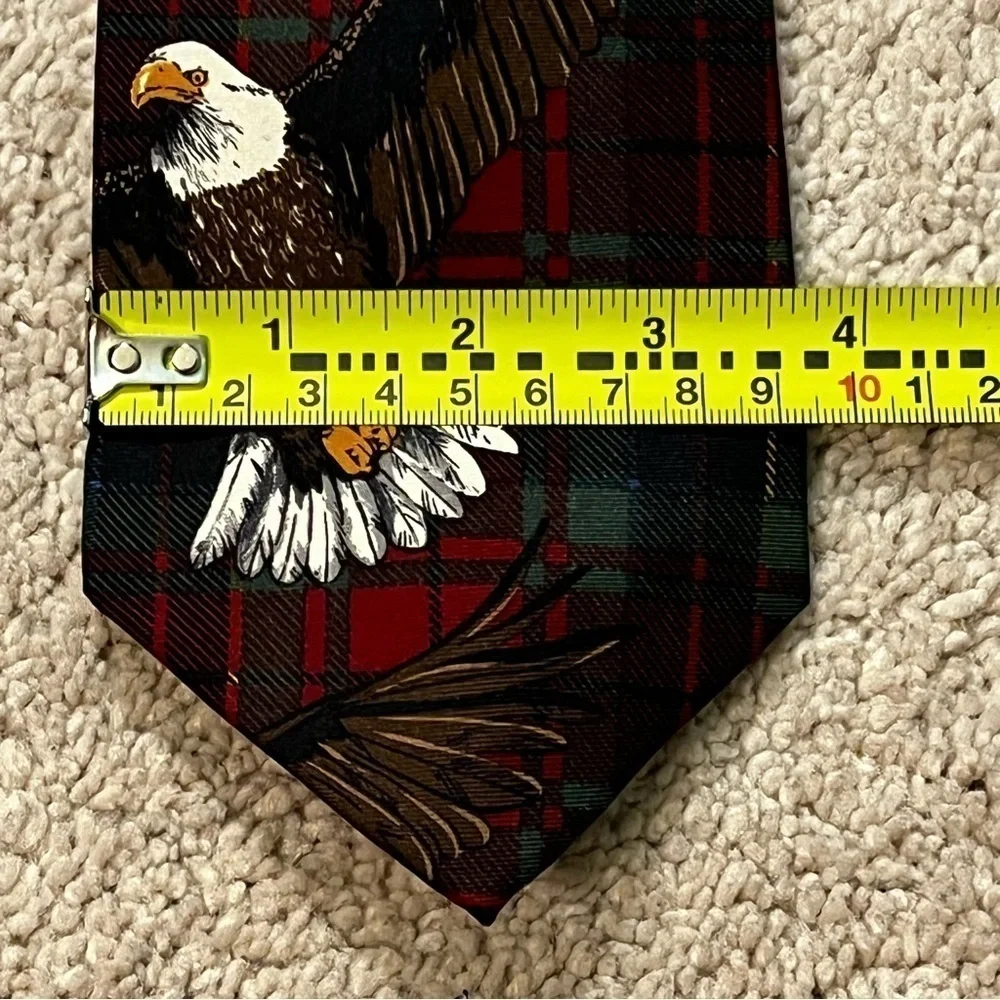 VTG Silk Tie Bald Eagle Novelty Print Red Green Plaid Background USA Patriotic